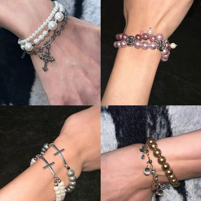 Disordered Multi-Layer Pearl Titanium Steel Cross Bracelet Retro Punk Vintage Heavy Industry Bracele
