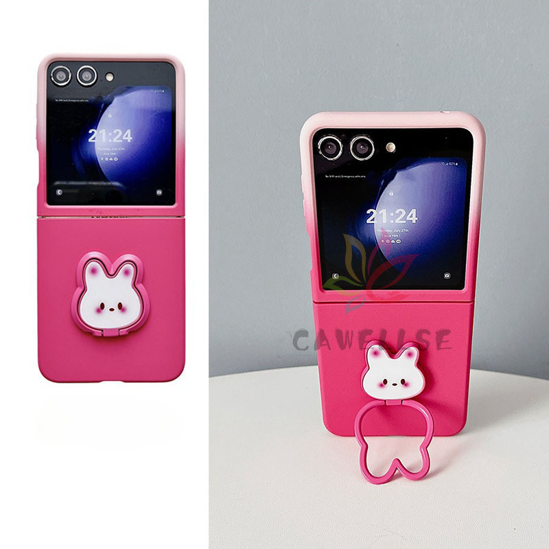 เคสโทรศัพท์มือถือ PC แข็ง กันกระแทก ลายดอกกุหลาบ ไล่โทนสี พร้อมแหวนขาตั้ง รูปกระต่าย สําหรับ Samsung Galaxy Z Flip 5 Flip5