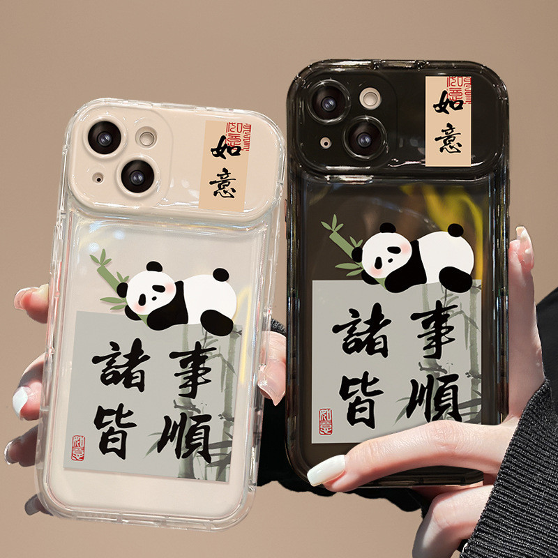 เคสโทรศัพท์มือถือพร้อมกระจกแต่งหน้าลายหมีแพนด้าสำหรับ iPhone 15 11 12 Pro Max X XR XS Max SE 7 Plus 8 Plus 13 Pro Max
