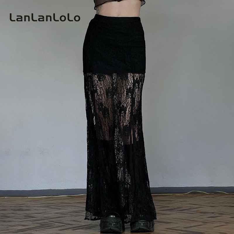 Lanlanlolo กระโปรงซีทรูลําลอง เอวต่ํา แต่งลูกไม้ สีพื้น เข้ากับทุกการแต่งกาย แฟชั่นสําหรับสตรี 2024
