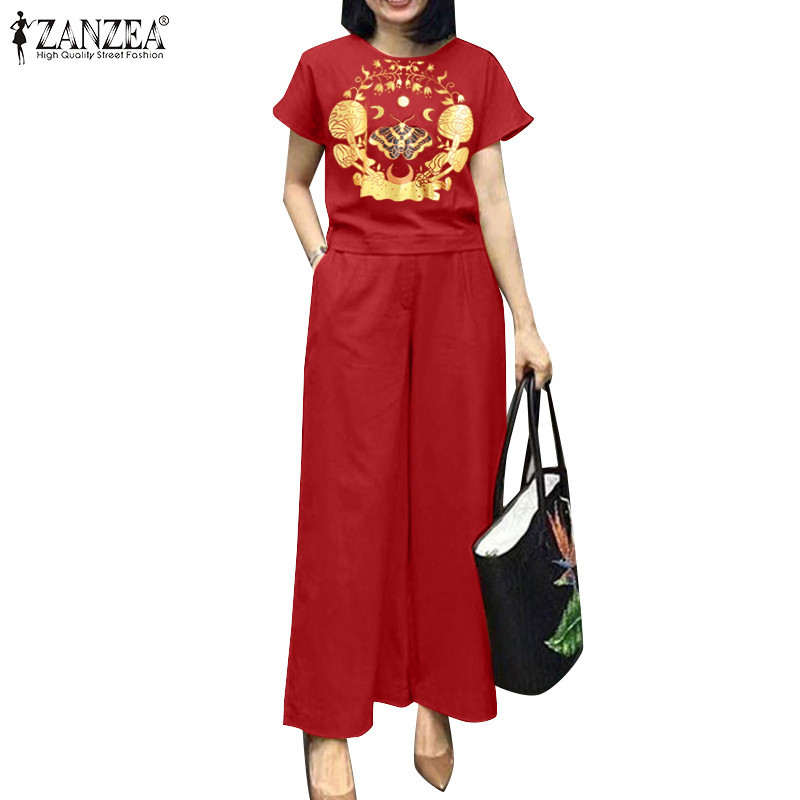 Zanzea เสื้อคอกลม แขนสั้น พิมพ์ลาย สไตล์วินเทจ เอวยางยืด กางเกงขายาว สําหรับผู้หญิง
