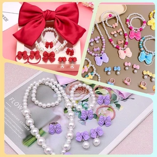 ชุดเครื่องประดับ สร้อยคอ ต่างหู ไข่มุก ลายโบว์ สำหรับเด็กผู้หญิง