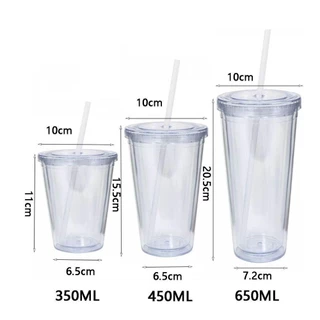 Shanhai แก้วน้ําใส, ขวดน้ํา 350/450/650 มล., ถ้วยสมูทตี้พลาสติกสองชั้นพร้อมฝาปิดและฟางถ้วยกาแฟเย็นนม