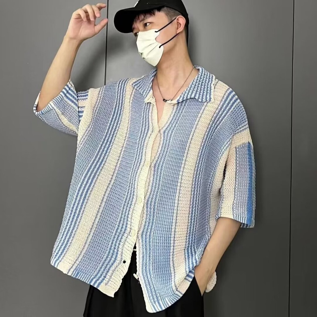 เสื้อเชิ้ตแขนสั้นลําลอง คอปก ผ้าถัก ทรงหลวม สีคอนทราสต์ แฟชั่นฤดูร้อน สําหรับผู้ชาย