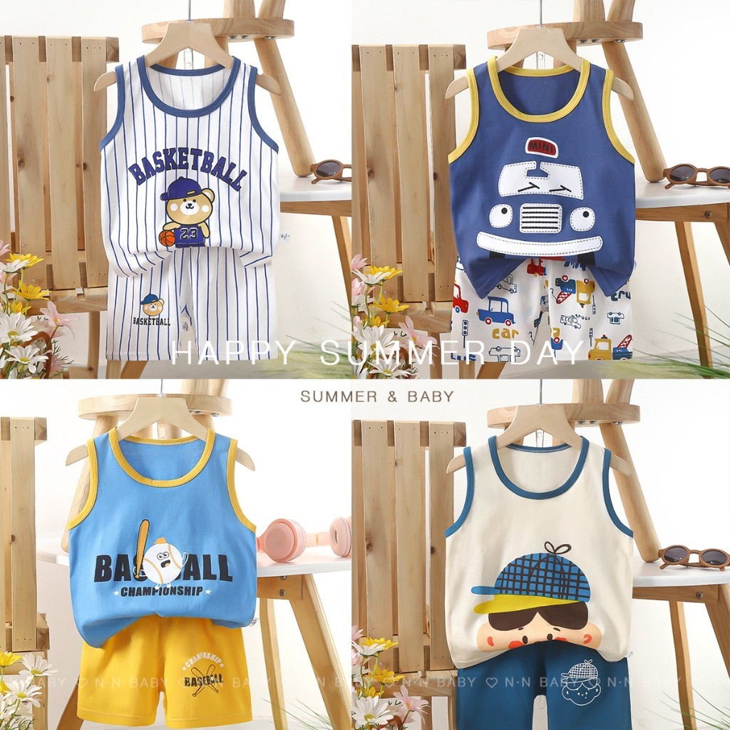 ชุดเด็ก เสื้อกล้าม กางเกงขาสั้น ผ้าคอตตอนบางเบา ใส่สบาย เหมาะหน้าร้อน