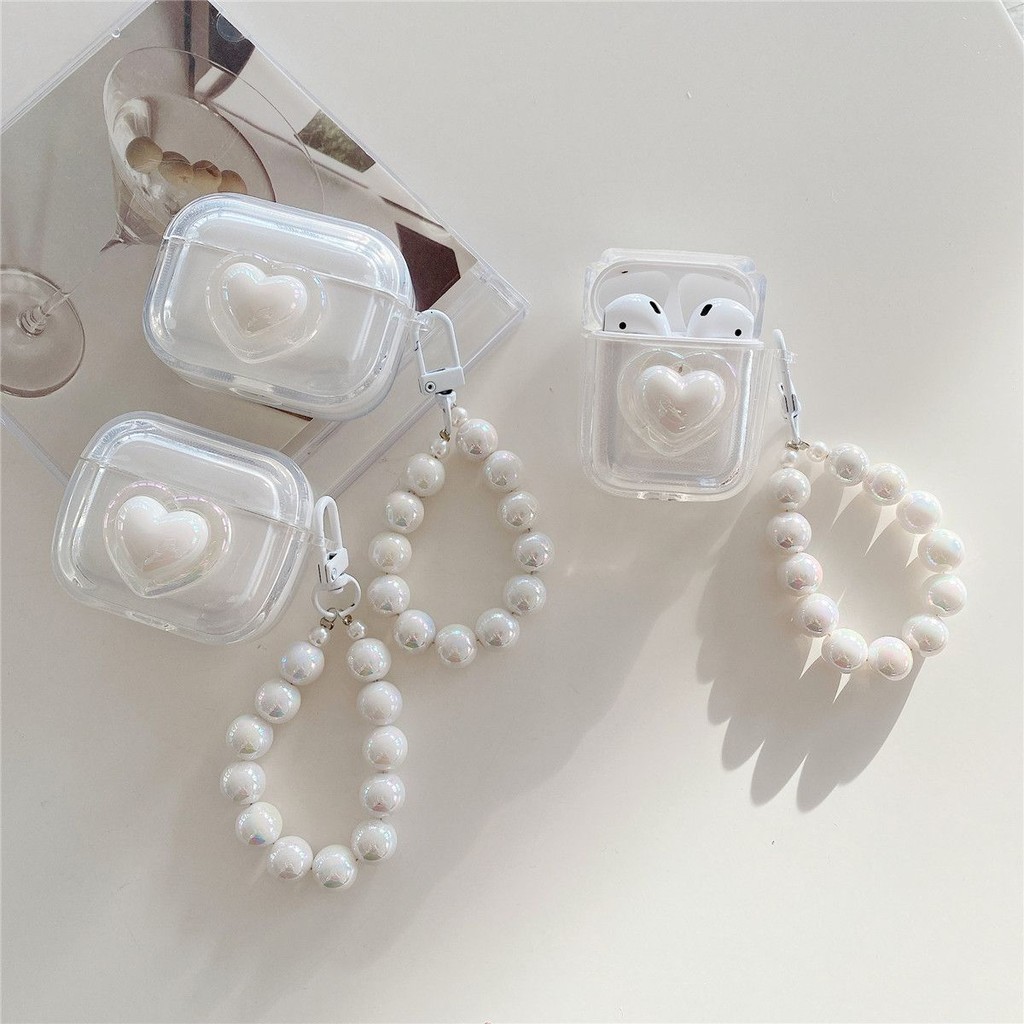 เคสซิลิโคนใส ลายหัวใจ ประดับไข่มุก แฮนด์เมด สําหรับ Airpods 1 2 3 Pro Pro 2 I12 I13 Airpods 3