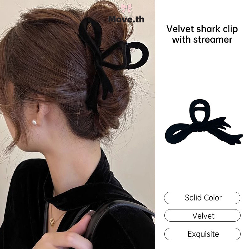 ส่งเร็วจากไทย ริบบิ้น Velvet Hair Clip ฤดูใบไม้ร่วงและฤดูหนาวร้อยคู่อารมณ์ปลาฉลามคลิปหนีบผมปลายสูง-Move