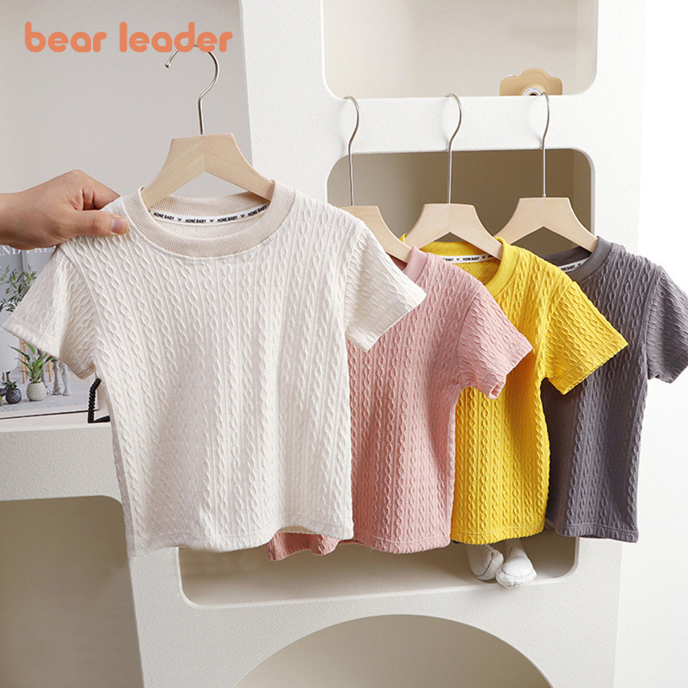 เสื้อยืดคอกลม แขนสั้น ผ้าถัก ระบายอากาศ ลายหมี สีพื้น สําหรับเด็กผู้หญิง และผู้ชาย อายุ 2-8 ปี