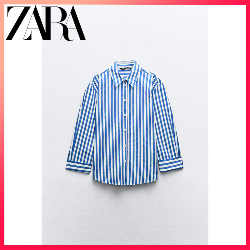 Zara 24 ฤดูใบไม้ผลิ สินค้าใหม่ เสื้อเชิ้ตป๊อปลิน ลายทาง สําหรับผู้หญิง