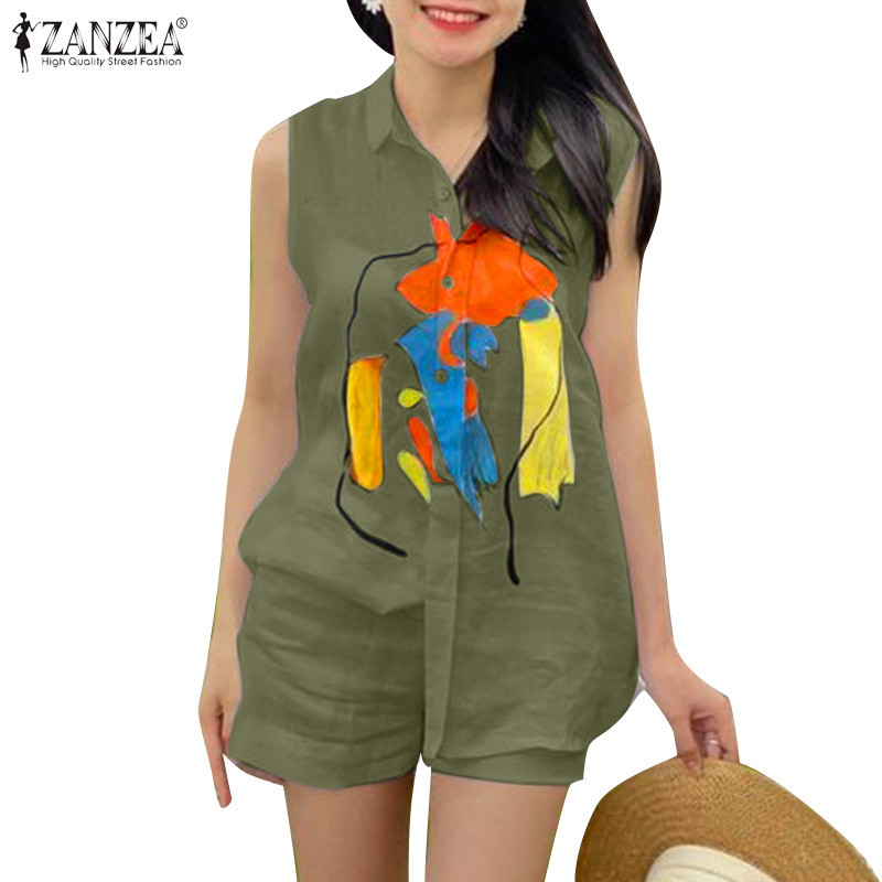 Zanzea ชุดเสื้อแขนกุด คอปก ผ้าฝ้าย พิมพ์ลาย + กางเกง แฟชั่นเกาหลี สําหรับผู้หญิง