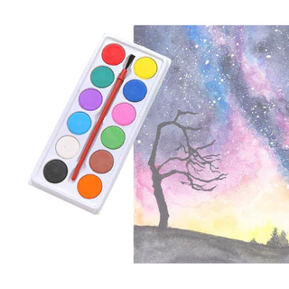 สีน้ำก้อน 12สี + พู่กัน อุปกรณ์ศิลปะ S0245 ราคาพิเศษ ถาดพลาสติก