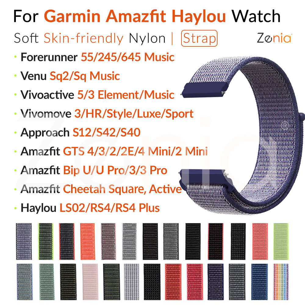 20 มม.ไนลอนกีฬาสายนาฬิกาสําหรับผู้เบิกทาง Garmin 55/245 เพลง/645 Venu SQ Approach S12/S40/S42 Vivoactive 5 3 องค์ประกอบ Vivomove Luxe/HR/สไตล์/แนวโน้ม D2 Air X10 Cheetah Amazfit