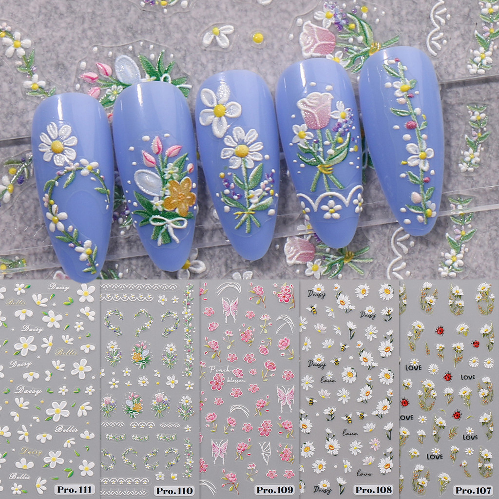 HAMA เล็บนูนเล็บสติกเกอร์ขายส่งฤดูร้อนดอกไม้ Daisy ดอกไม้สีขาวขนาดเล็กตกแต่งเล็บสติกเกอร์รูปลอกงานแต่งงานเล็บ