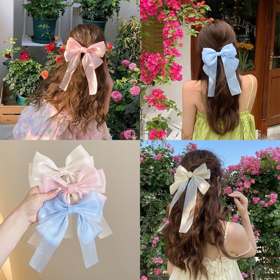 เกาหลีตาข่ายโบว์ริบบิ้นกิ๊บสีทึบผ้าไหมสดใสขนาดใหญ่โบว์ฤดูใบไม้ผลิคลิปน่ารักสาวกิ๊บ