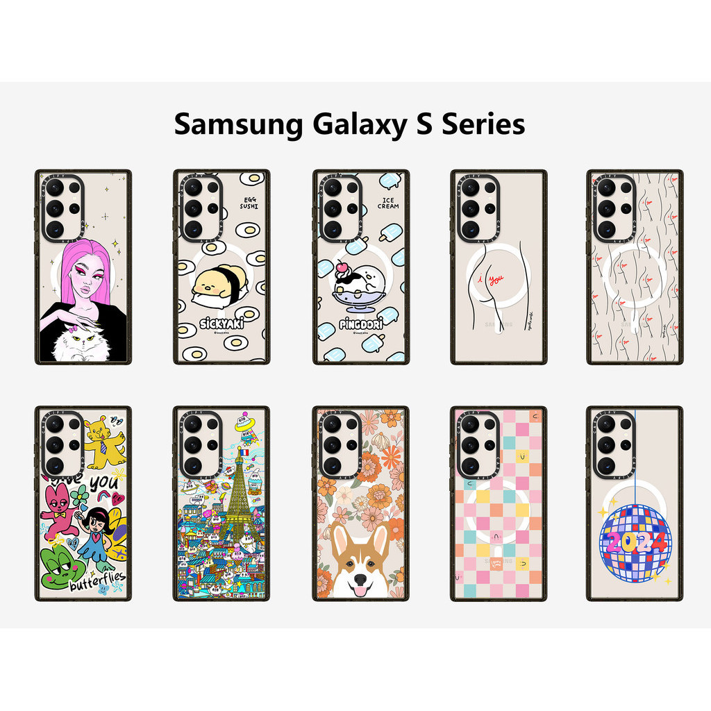 Casetify X Cat EGG BODY Disco เคสแม่เหล็กดูดขอบดํา ใส Samsung Galaxy S22 23 24 Ultra Plus Impact แข็ง อะคริลิคใส ด้านหลัง TPU เคสพร้อมกล่อง