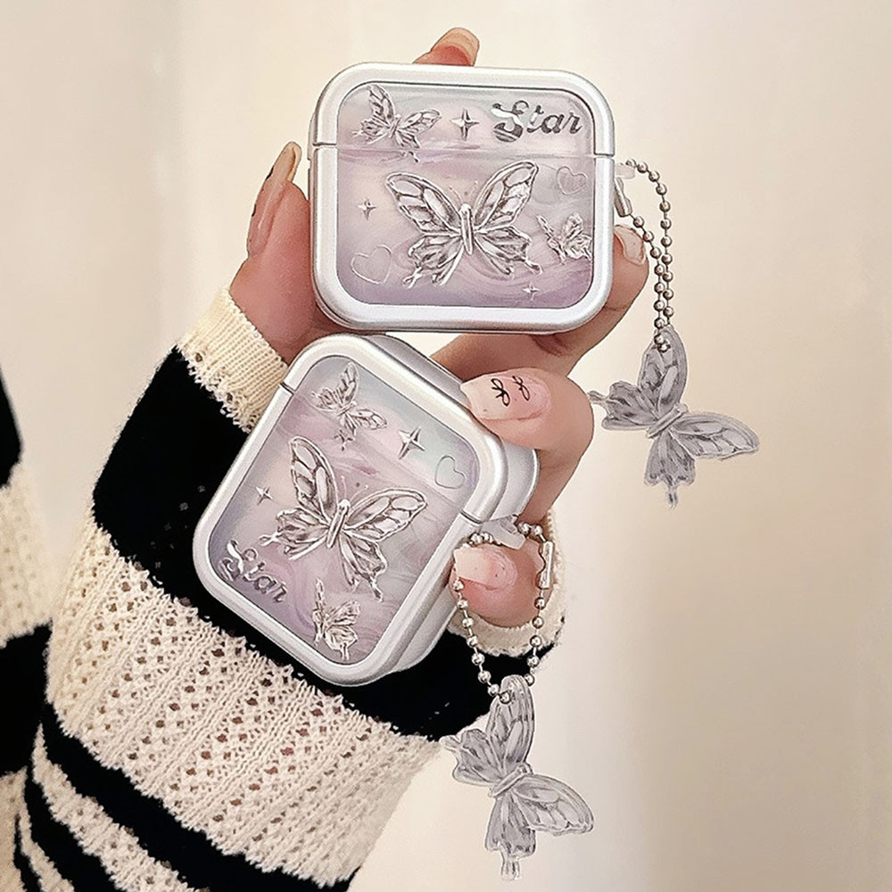 เคสหูฟังไร้สาย จี้โลหะ รูปผีเสื้อ สีเงิน สําหรับ Apple Airpods 1 2 3 INS Airpod Pro 2nd