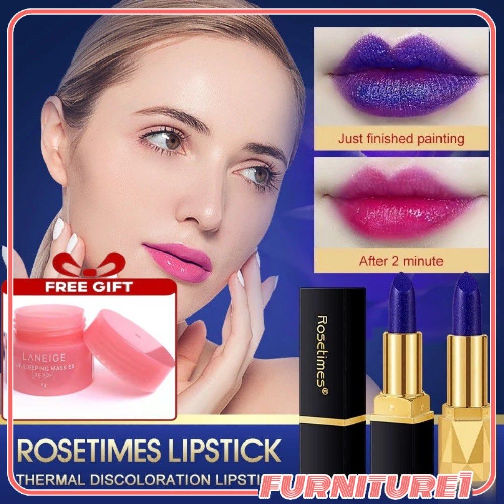 【ซื้อ 1 ฟรี 1】ลิปสติก rosetimes เปลี่ยนสีตามอุณหภูมิ Blue Enchantress ลิปบาล์มให้ความชุ่มชื้นตามธรรมชาติ รองพื้นแต่งหน้าติดทนนาน ลิปสติกเพื่อความงาม Furn1