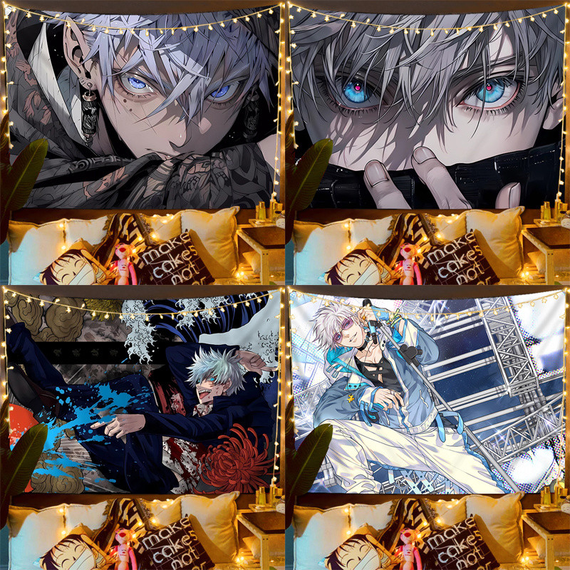 ผ้าแขวนรอบตัว Jujutsu Kaisen Satoru Gojo ผ้าพื้นหลังห้องนอนหอพัก ผ้าตกแต่งห้องนั่งเล่น ผ้าคลุมบ้านเช่า