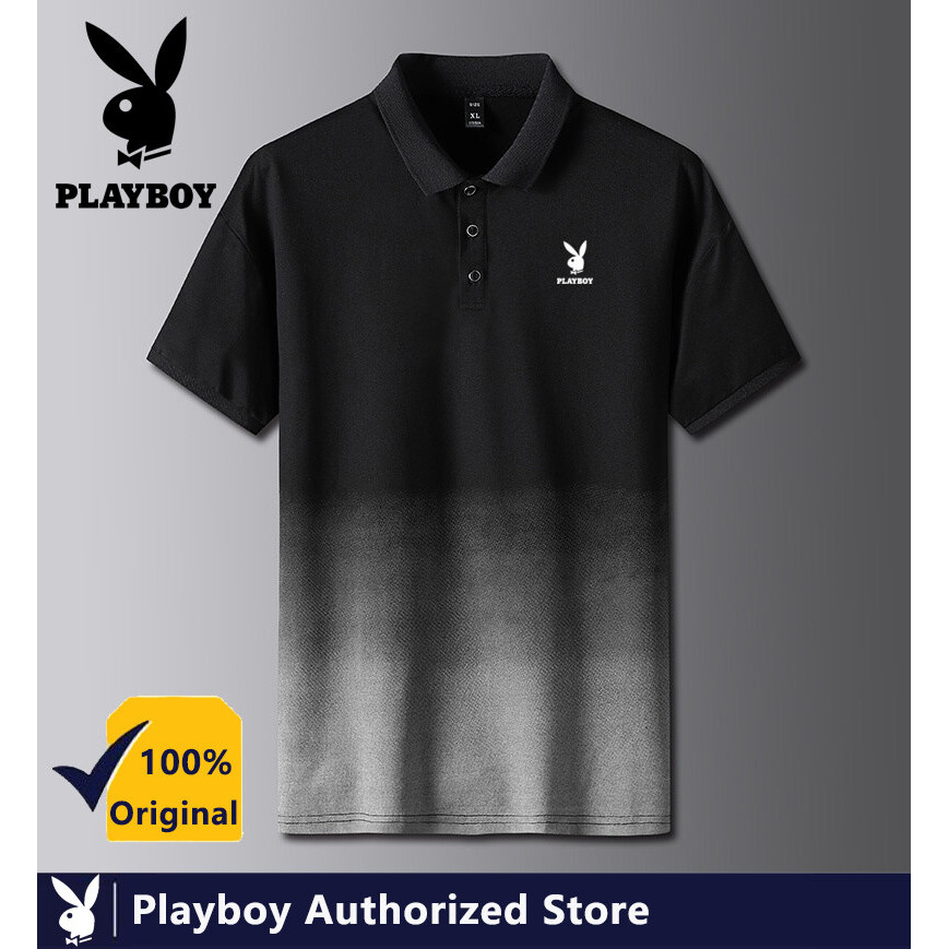 Playboy เสื้อยืดผู้ชายฤดูร้อนเสื้อโปโลหล่อไล่โทนสีสีทึบบุคลิกภาพปก