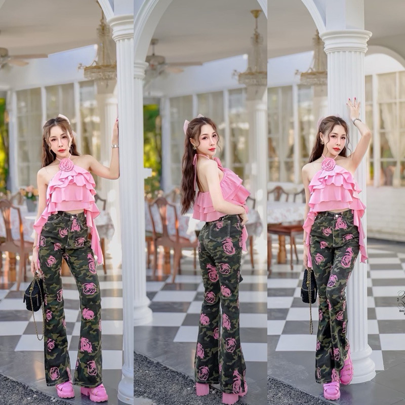 BAITONGSTYLE8060 กางเกงยีนส์ขายาวทรงขาม้า ผ้าพิมพ์ลายทหารxสกรีนลายกุหลาบชมพู S-6XL