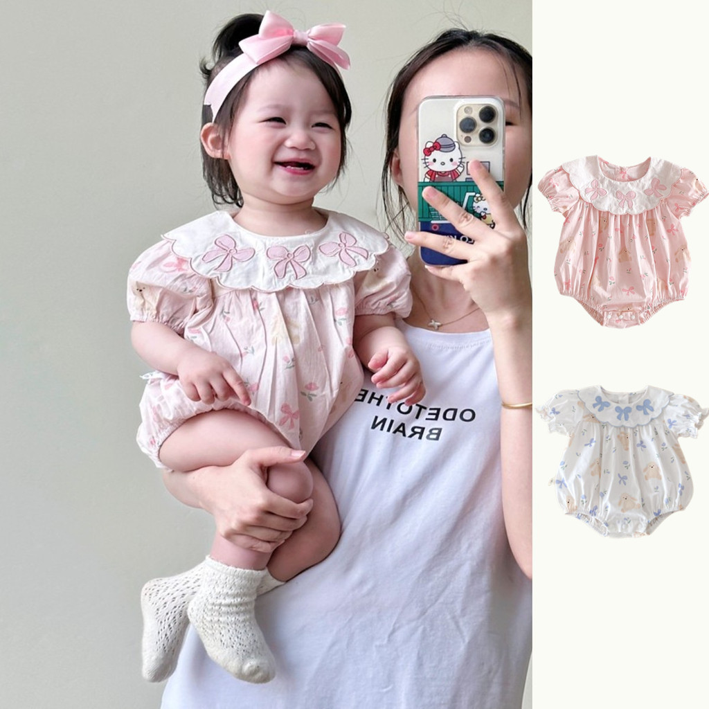 ฤดูร้อนใหม่เสื้อผ้าเด็กสาวบางแขนสั้นรอบคอโบว์แบบบอดี้สูท 0-24 เดือนระบายอากาศสบายหวานดอกไม้สไตล์เจ้าหญิง ชุดรอมเปอร์ สไตล์เกาหลี