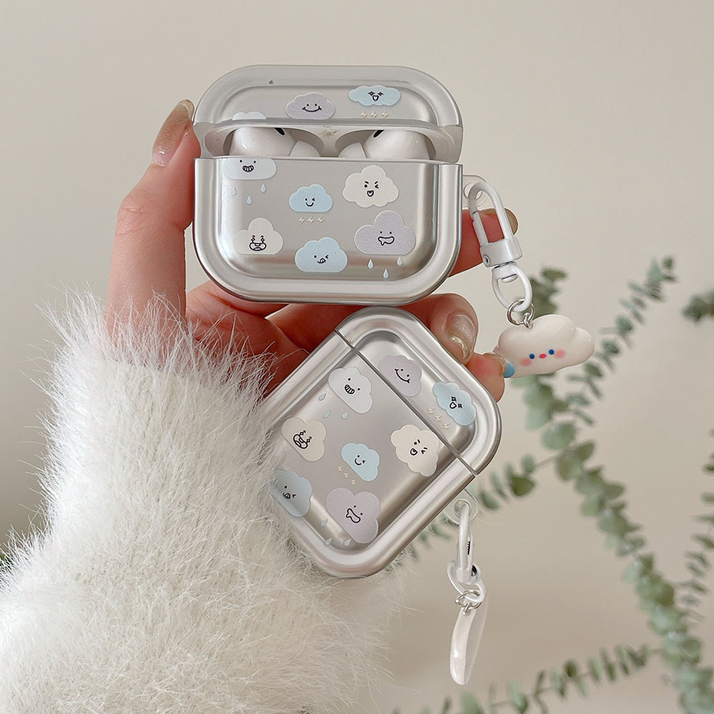 Electroplate เงินน่ารัก Clouds Expression หูฟังสําหรับ Apple Airpods 5 1 2 3 4 Pro Pro2 ป้องกันกล่องพร้อมจี้พวงกุญแจ