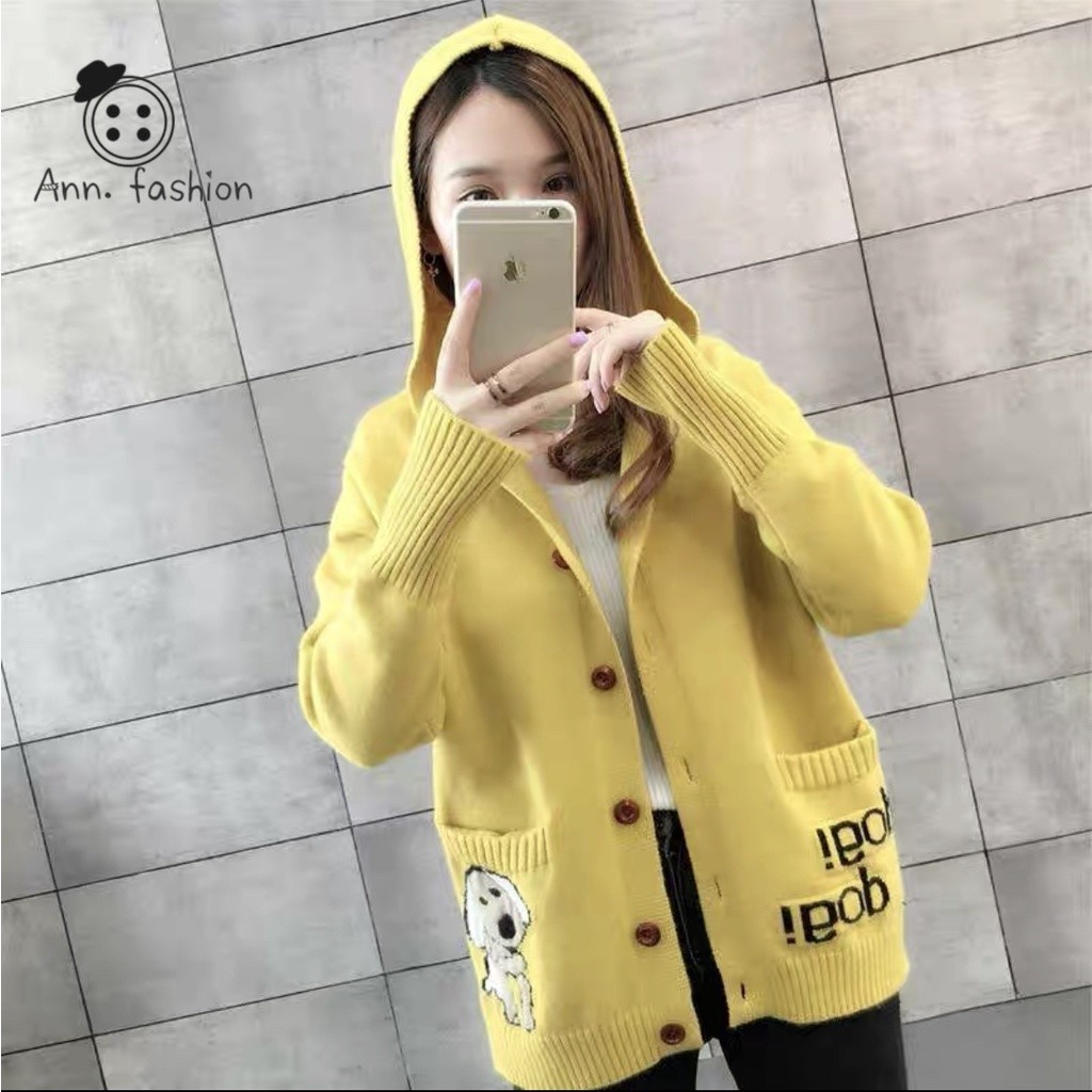 เสื้อกันหนาวไหมพรมแขนยาว มีฮู้ด ลายน้องหมา เนื้อผ้านุ่ม กระดุมหน้า ทรงหลวม เสื้อคลุมคาร์ดิแกน #385