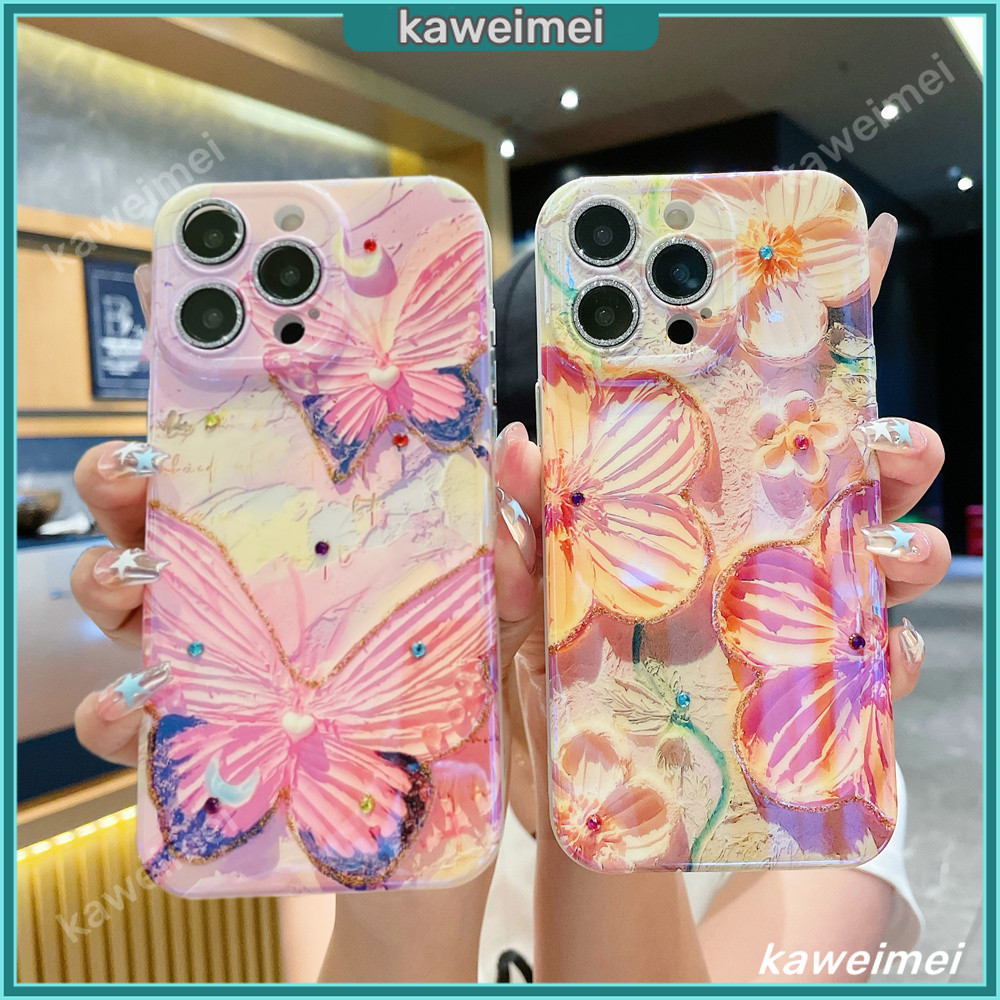 เคสโทรศัพท์มือถือ ป้องกันเลนส์ ลายผีเสื้อ ภาพวาดสีน้ํามัน สีชมพู สีฟ้า สําหรับ IPhone 15 Pro Max 14 Plus 13 12 Pro 11