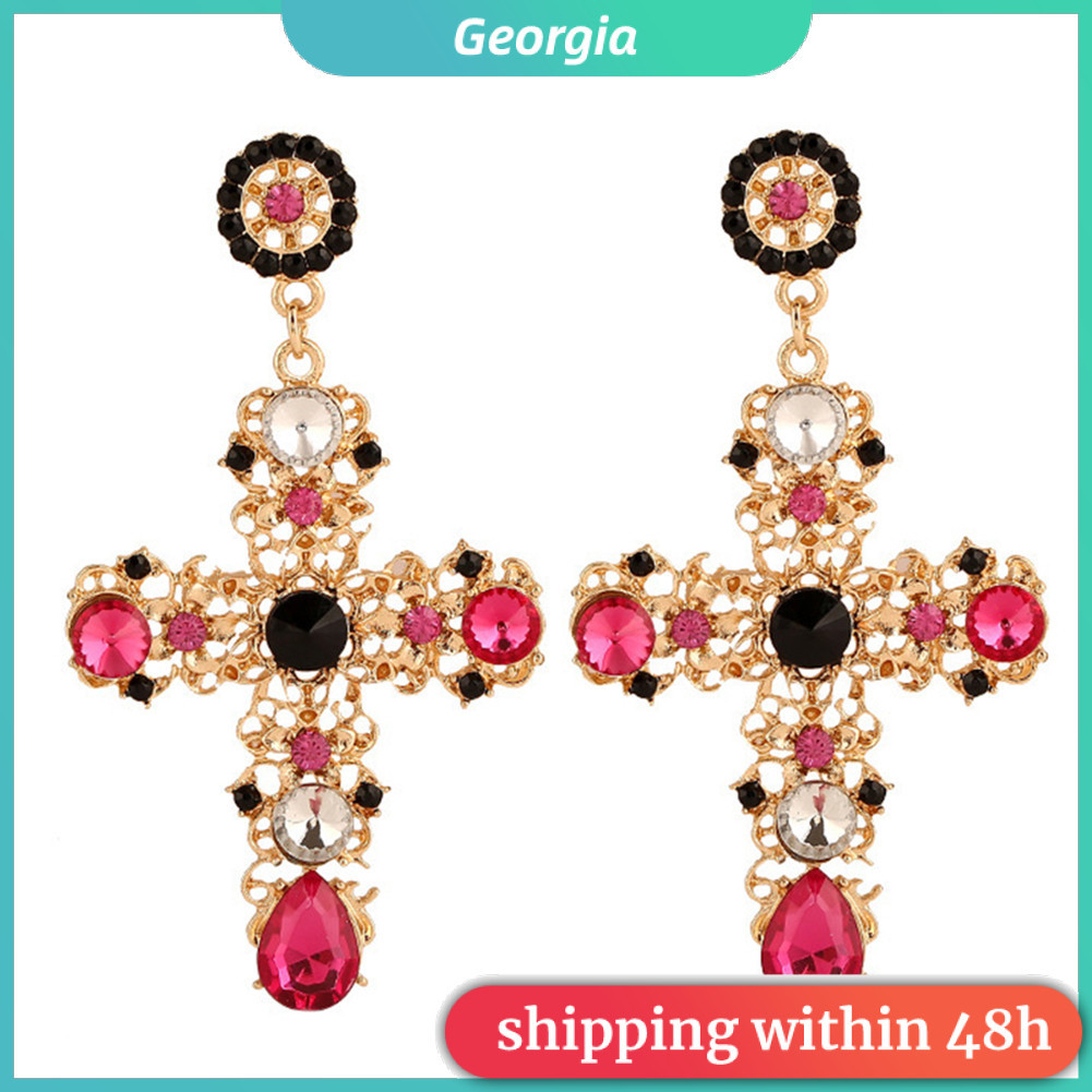 [georgia] โบโฮ ผู้หญิง พลอยเทียม ฝังกลวง ไม้กางเขน ห้อยหู วางต่างหู เครื่องประดับ ของขวัญ