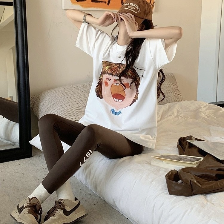 เสื้อยืดลําลองสําหรับสตรี ผ้าฝ้าย 100% แขนสั้น พิมพ์ลาย ขนาดพลัส ทรงหลวม
