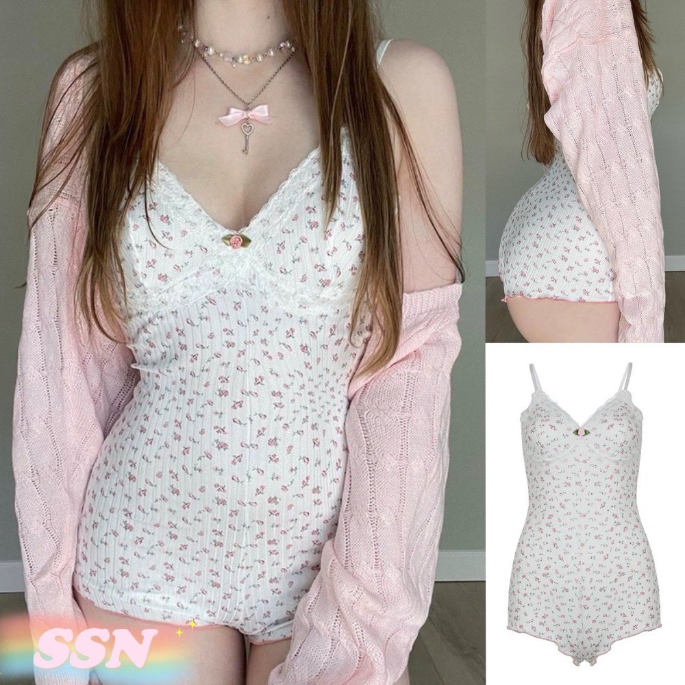 (จัดส่งจากประเทศไทย) จั้มสูทขายาวลายดอก กระโปรงสะโพกเย็บปะติดปะต่อลูกไม้โรแมนติกฝรั่งเศส