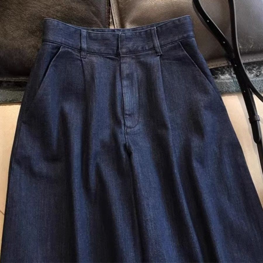 กางเกงยีนขากว้าง เอวสูง สีน้ําเงินเข้ม เข้ากับทุกการแต่งกาย สไตล์เรโทร