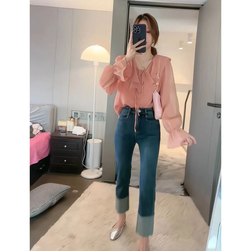 สไตล์ตะวันตกลดอายุเสื้อชีฟองหวานสุภาพสตรีการออกแบบต้นฤดูใบไม้ผลิระดับไฮเอนด์ซอกฝรั่งเศสซูเปอร์นางฟ้าสวมใส่ด้านบน