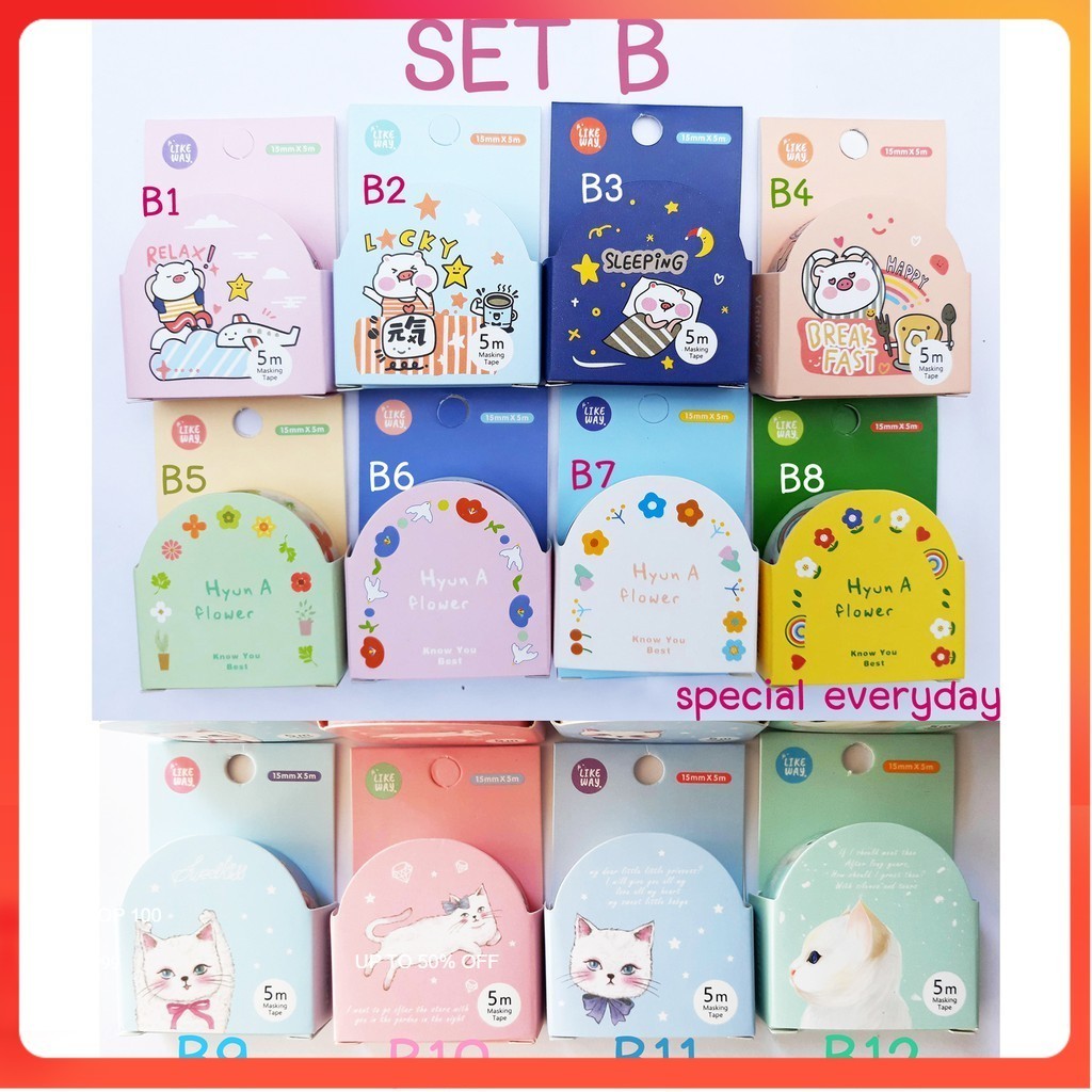Masking Tape เทปวาชิ เทปตกแต่ง เทปลายน่ารัก ยาว 5 เมตร เทปการ์ตูน วาชิเทป วาชิ washi tape วาชิ set a set b SET A เทปไทย
