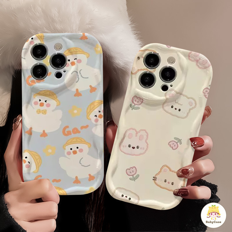 การ์ตูนแมวกระต่ายเป็ดน่ารัก 3D ขอบโค้งหยักเคสคู่รักสำหรับ iPhone 11 13 12 14 15 Pro Max 7 8 Plus XR X XS Max 13 mini