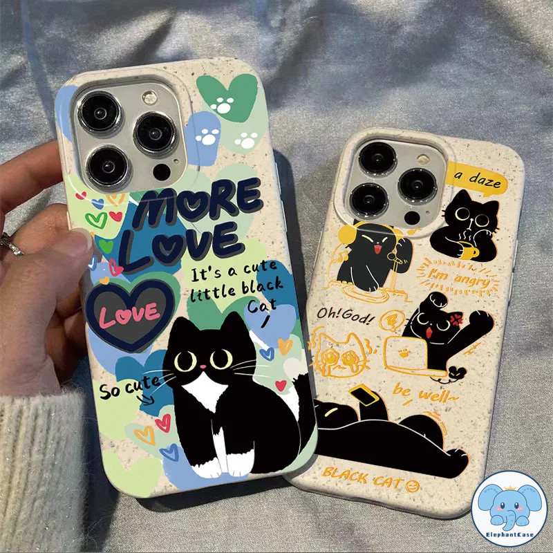 รักลูกแมวจดหมายการ์ตูนน่ารักแมวสีดำน่ารักกรณีย่อยสลายได้ iPhone 11 12 XR 15 14 Pro Max 13 6 7 6s 8 Plus XS Max X SE