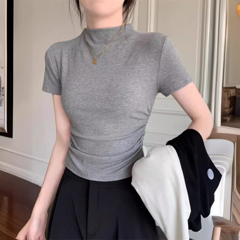 【WJZ】เสื้อยืดแขนสั้นสีทึบคอสูงแฟชั่นของผู้หญิง【T7】