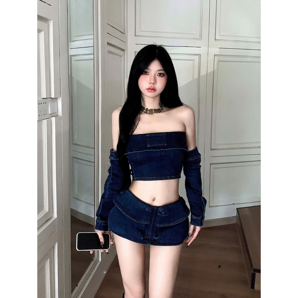 Shibuya Retro Sleeve Summer Top Waistless Suit Tube Top Skirt Sexy Hot Girl Female Short Denim Temperament