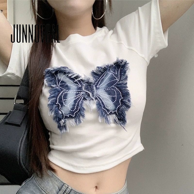 Junnovgal ใหม่ เสื้อยืดลําลอง แขนสั้น คอกลม ลายผีเสื้อ สีตัดกัน สําหรับสตรี 2024