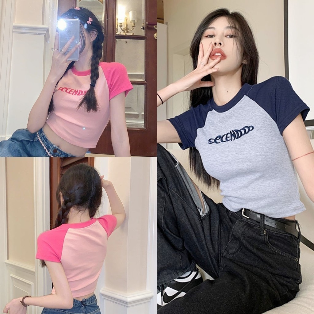 🔥ราคาถูกที่สุด🔥เสื้อครอปวัยรุ่น คอกลมแขนสั้นทูโทน อกปักลาย secend ผ้ายืดสบาย 2 สี