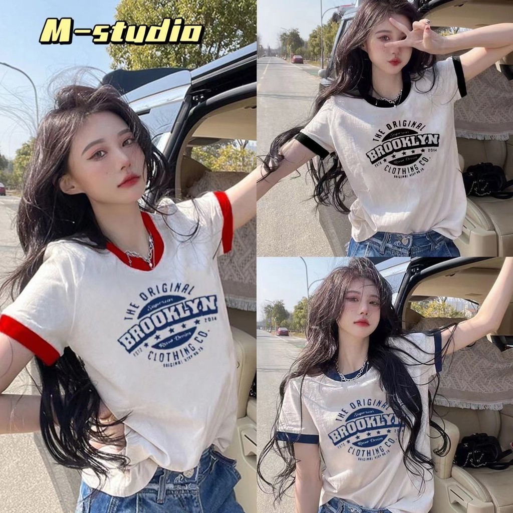 Maze พร้อมส่ง เสื้อเสื้อคอกลมแขนสั้นสีพื้นสกรีนอักษรน่ารักเนื้อผ้านุ่มใส่เบาสบายผ้าดีมาก(96151-1)