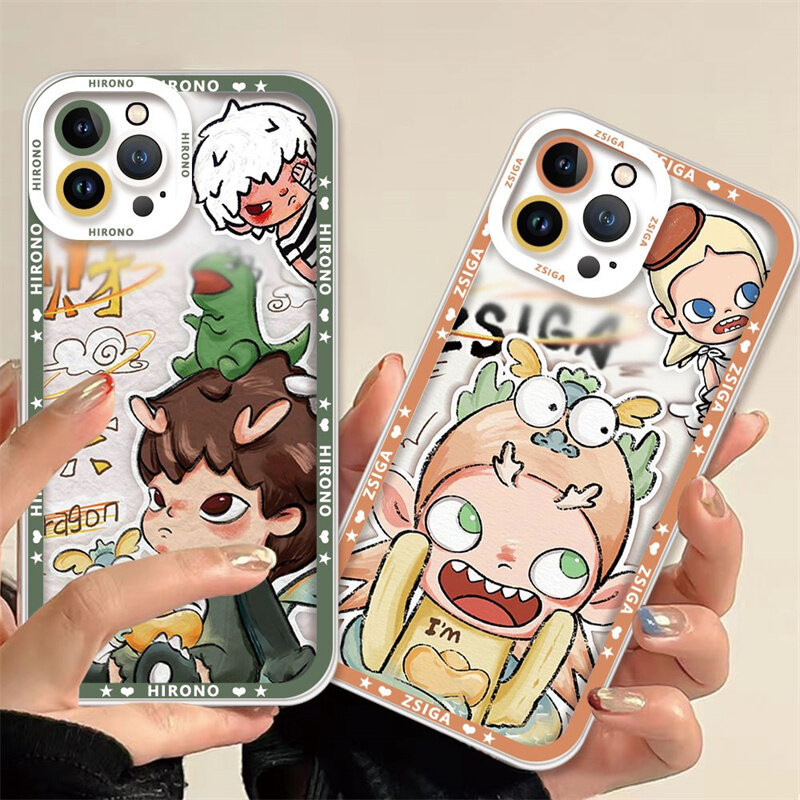 เคสโทรศัพท์มือถือคู่รัก แบบใส ลายการ์ตูนแบรนด์ POP MART Hirono Zsiga สําหรับ iPhone 11 12 13 14 15 Pro Max Plus Mini 6 6S 7 8 Plus XR XS Max X SE 2020