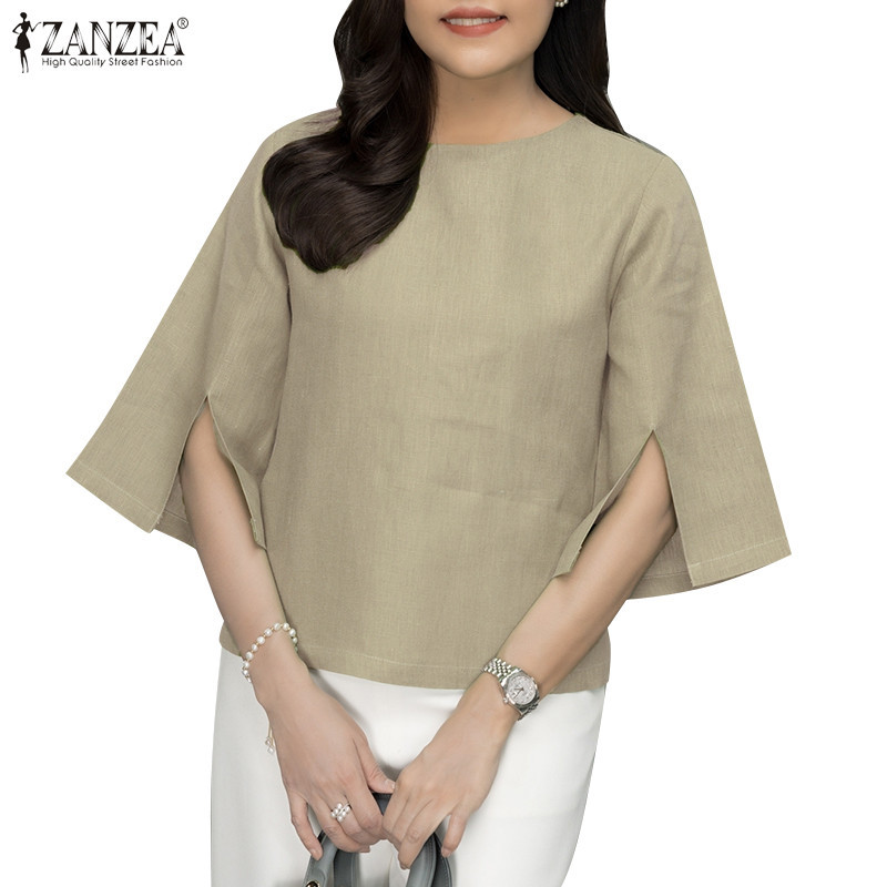 Zanzea เสื้อเบลาส์ลําลอง คอกลม แขน 3/4 ทรงหลวม สีพื้น สไตล์เกาหลี สําหรับผู้หญิง