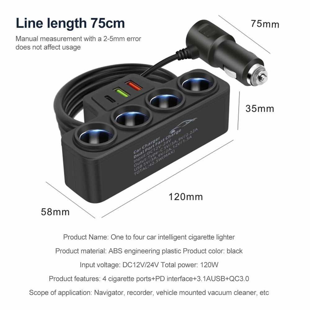 อะแดปเตอร์ซ็อกเก็ตที่จุดบุหรี่ 120W 12V 24V USB PD แบบชาร์จเร็ว สําหรับรถยนต์ DVR GPS Dashcam - รูปที่ 7