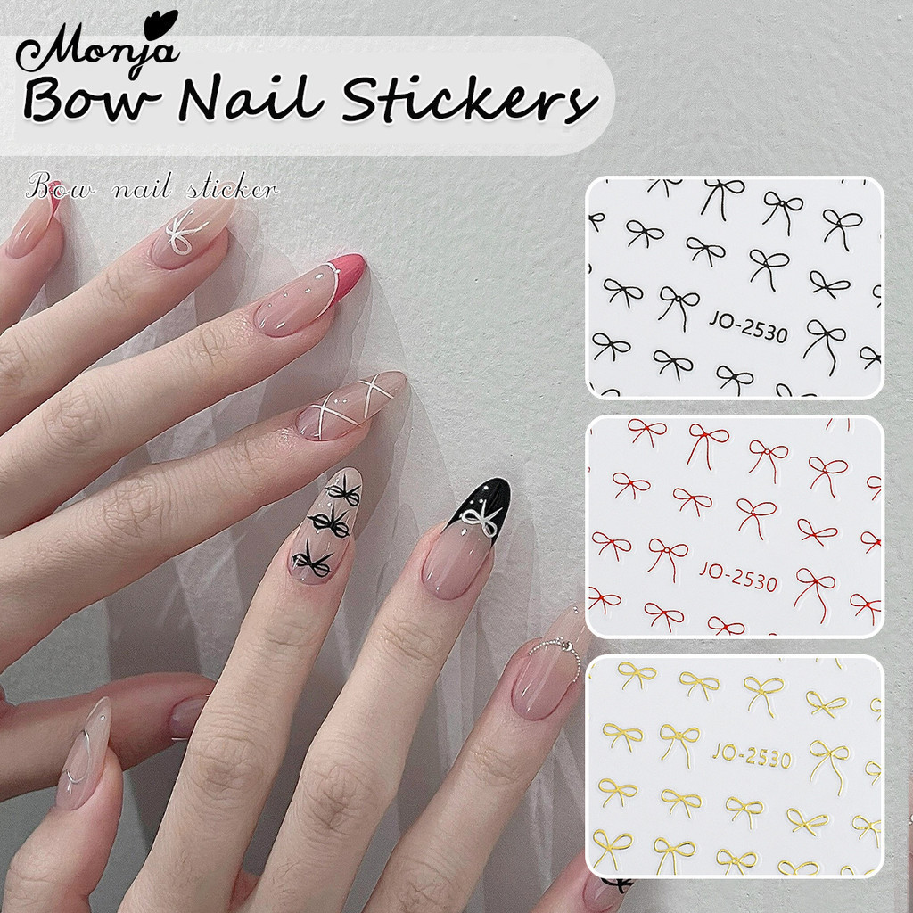 Monja สติกเกอร์โฮโลแกรม รูปโบว์ มีกาวในตัว สีแดง สีดํา สีขาว สีทอง สีเงิน สําหรับตกแต่งเล็บ DIY