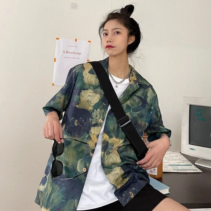 เสื้อเชิ้ตแขนสั้น คอปกโปโล ทรงหลวม พิมพ์ลาย สไตล์ฮ่องกง thumbnail 7