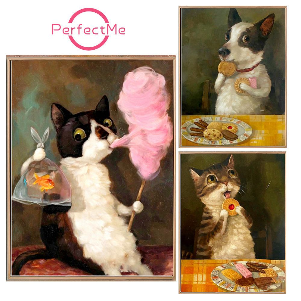 【PM】ภาพปักครอสสติตช์คริสตัล อะคริลิค รูปแมวสีเทา 5D สําหรับตกแต่งบ้าน