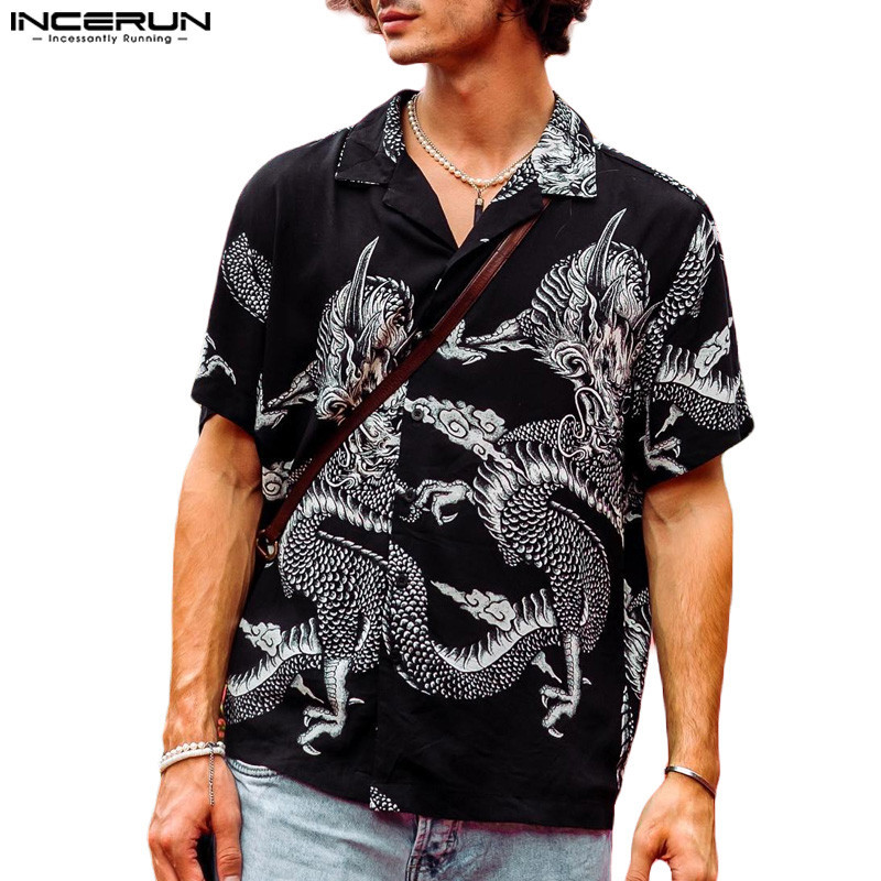 Incerun เสื้อเชิ้ตลําลอง แขนสั้น พิมพ์ลาย ทรงหลวม สไตล์วินเทจ แฟชั่นสําหรับผู้ชาย
