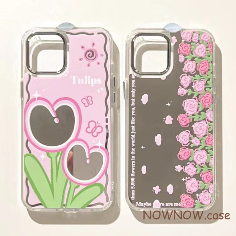 เคสโทรศัพท์มือถือกระจก กรอบรูปโลหะ ลายดอกทิวลิป หัวใจน่ารัก โรแมนติก เหมาะกับฤดูใบไม้ผลิ สําหรับ iPhone 15 14 13 12 11 Pro MAX X XR XS MAX 7 8 Plus