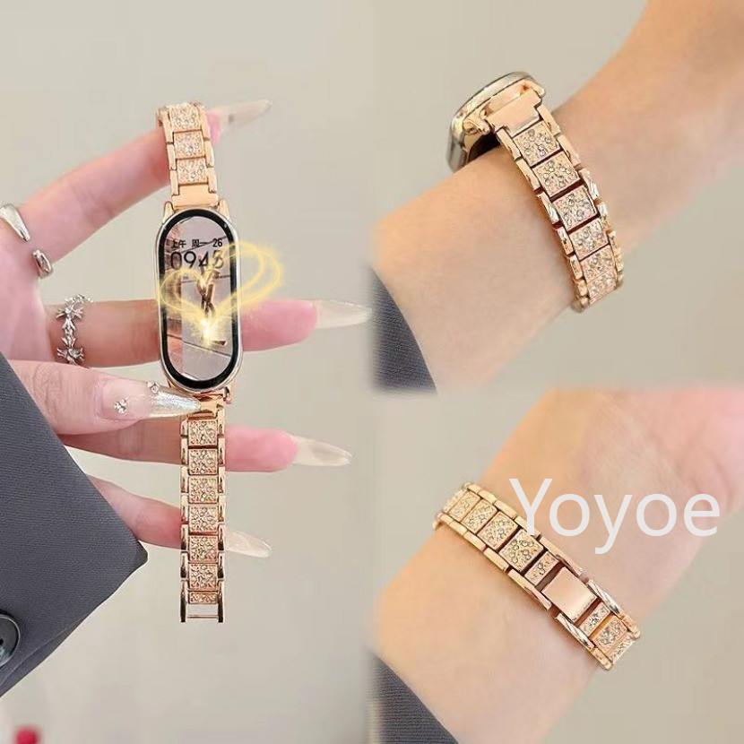สายนาฬิกาข้อมือสเตนเลส ประดับเพชร กลิตเตอร์ หรูหรา สําหรับ Xiaomi Mi Band 8 7 6 5 4 3 Miband 8 NFC